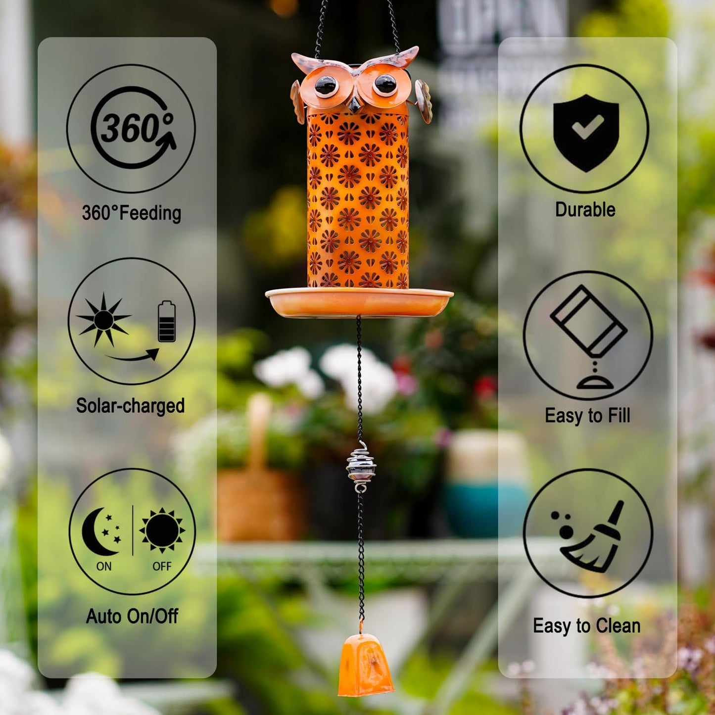 Solar Owl Bird Feeder for Outdoors Hanging - Metal Outside Wild Bird Feeders,Solar Light, Garden Backyard Decoration,Gifts for Bird Lovers,Family, Friends,Elderly.10 High x 6.5" Dia