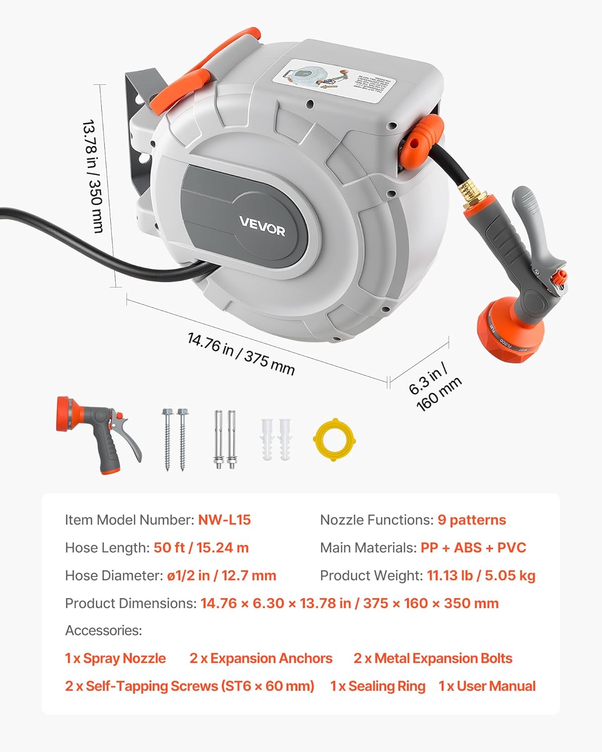 VEVOR Retractable Garden Hose Reel, 1/2 in x 50 ft, Wall Mounted Hose 