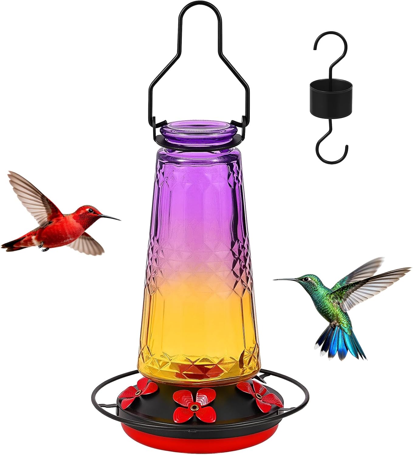 Hummingbird Feeders for Outdoors Hanging, Glass Nectar Feeder with Ant Moat and 5 Bee Guard Feeding Ports, Leak Proof, 21 Ounces, Red (Purple)