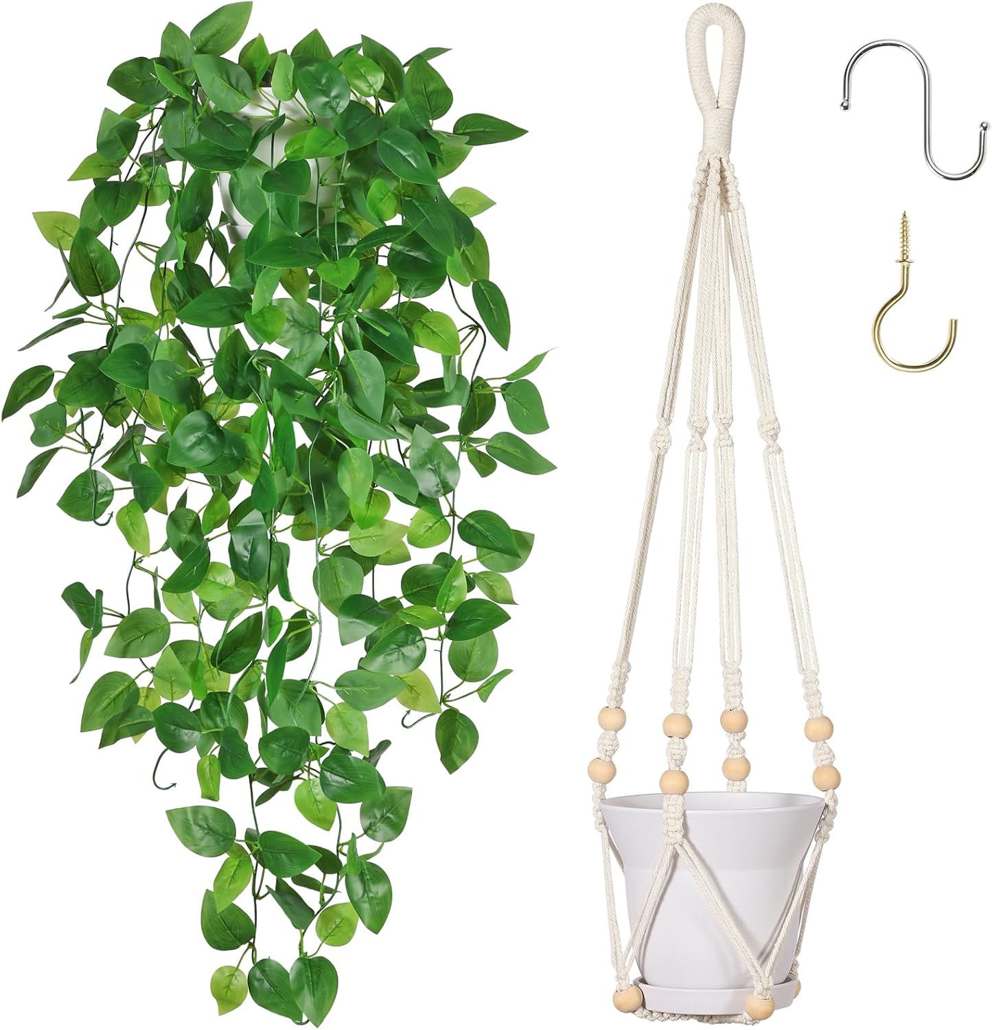 Artificial Hanging Plants with Boho Macrame Plant Hanger - Fake Ivy Vines in Pot for Wall, Bedroom Home Faux Greenery for Indoor Outdoor Decor (1 Pack)