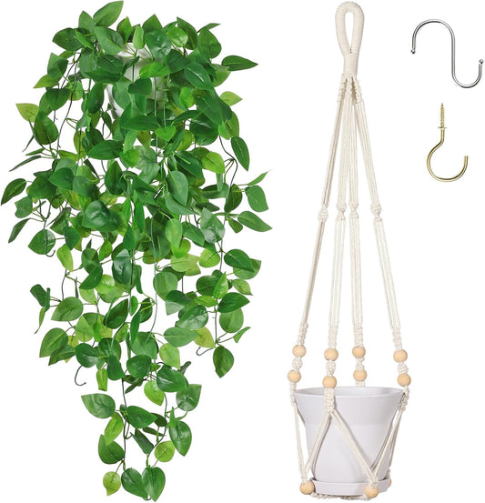 Artificial Hanging Plants with Boho Macrame Plant Hanger - Fake Ivy Vines in Pot for Wall, Bedroom Home Faux Greenery for Indoor Outdoor Decor (1 Pack)