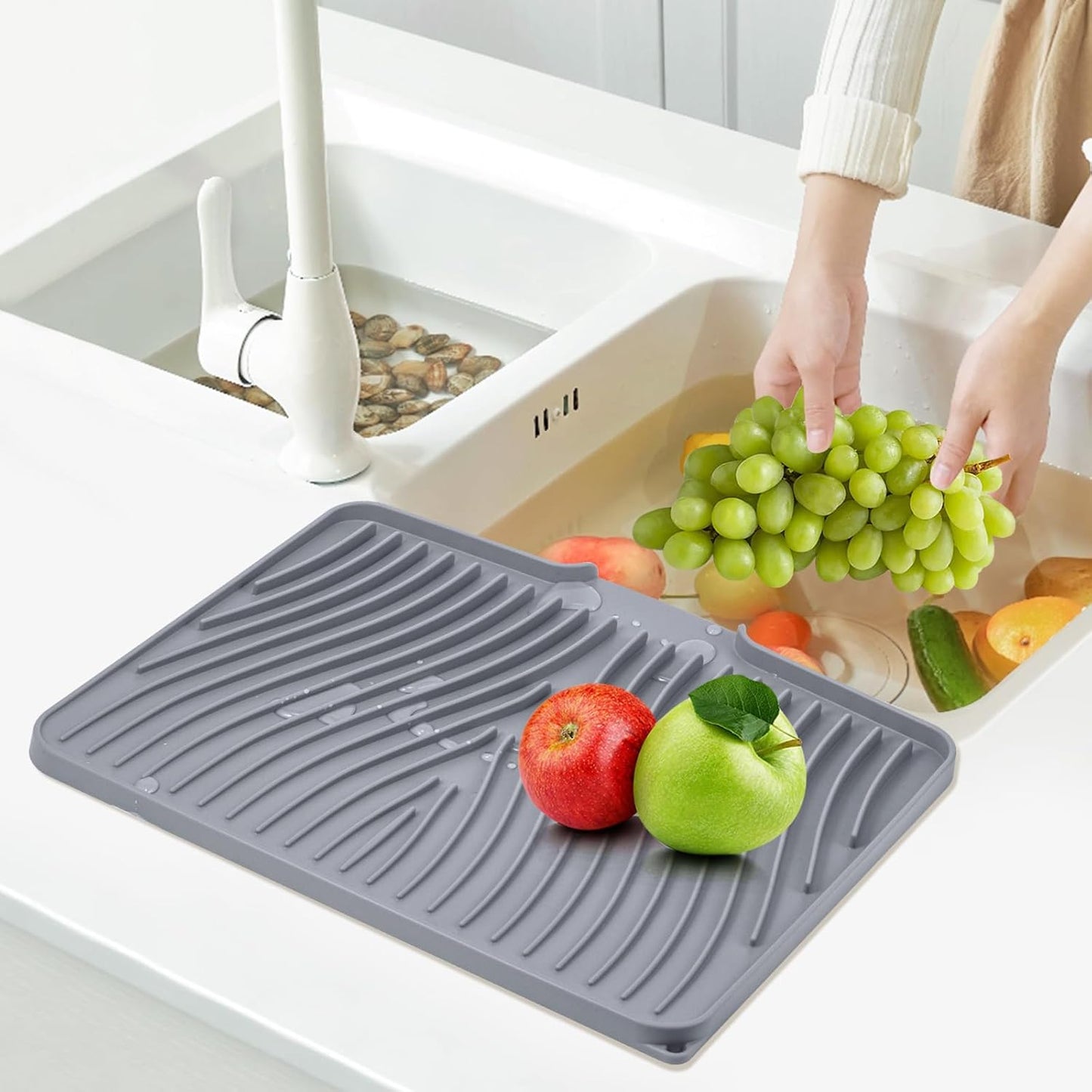 Silicone Dish Drying Mat, Stone Drying Mat for Kitchen Counter with Built-In Drain, Non-Slip Drain Pad with Built-in Drain, Heat Resistant Stone Drying Mat, Hangable, Grey-1pcs, 16" x 12"
