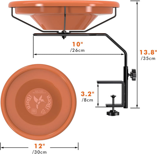 iBorn Bird Bath for Outside,Deck Mounted Bird Bath 12in，Birds Baths for Outdoors with Adjustable Clamp 3.2in，BPA-Free Bowl，360°Swivel & Adjustable Height Bracket，Detachable Birds Baths, Pack of 1