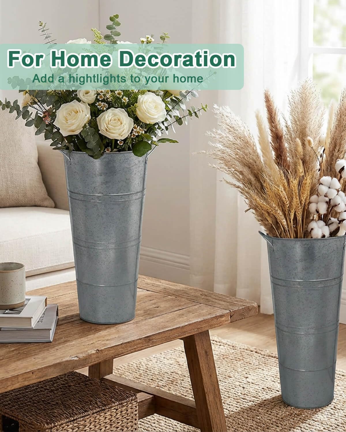 vensovo Metal Flower Bucket Vase, 15 Inch Tall Transparent Black Rustic Farmhouse Centerpiece for Spring Home Decor & Wedding, Set of 2