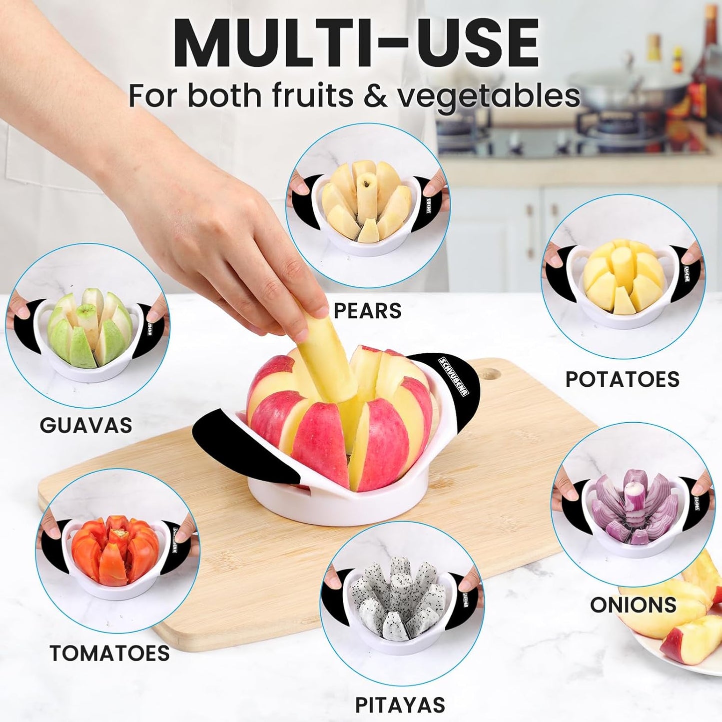 SCHVUBENR 3.5 Inch Apple Slicer - Professional Apple Cutter - Stainless Steel Apple Corer - Super Sharp Apple Slicer and Corer - Apple Tool with 8 Sharp Blades(Black)
