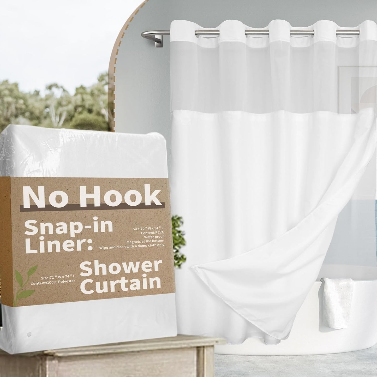 River Dream No Hook Slub Textured Shower Curtain with Snap-in PEVA Liner Set - 71" x 74"(72"), Hotel Style with See Through Top Window, Fabric Outer Curtain & Waterproof Inner Liner, White, 71x74