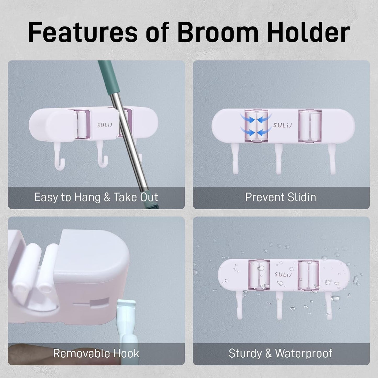 Broom Holder with 2 Slots & 3 Hooks Heavy Duty Garden Tool Organizer Broom Hanger Wall Mount for Home Laundry Room Kitchen Closet Shed Garage Organization and Storage - White