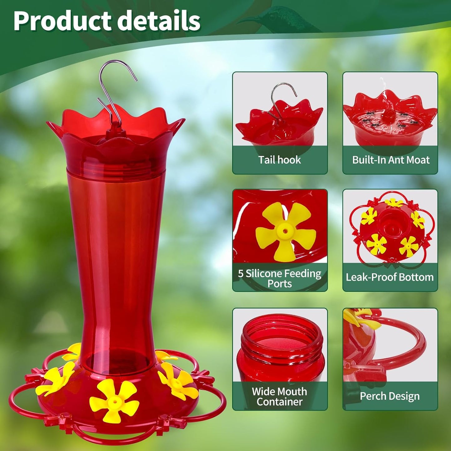 2Pcs Hummingbird Feeders for Outdoors - 5-Flower-Shaped Feeding Ports 13.50 oz Red Hanging Plastic Humming Bird Feeder with Built-in Ant Moat, Perches for Outside Garden Yard Decorative