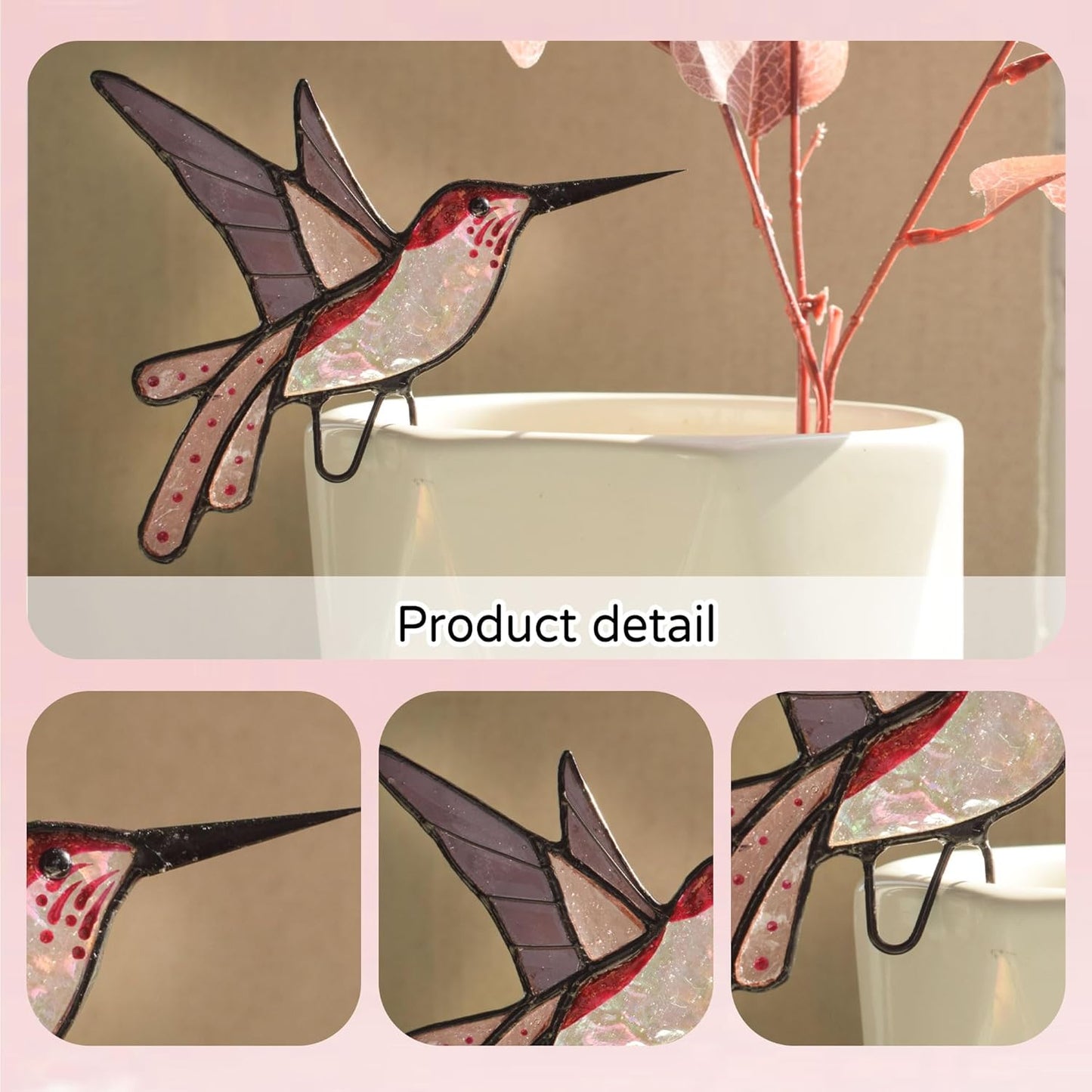 Lolitarcrafts Stained Glass Hummingbird Suncatcher for Planter Decoration – Colorful Glass Plant Pot Ornament, Ideal as a Gift for Christmas or Other Occasions (Purple A)