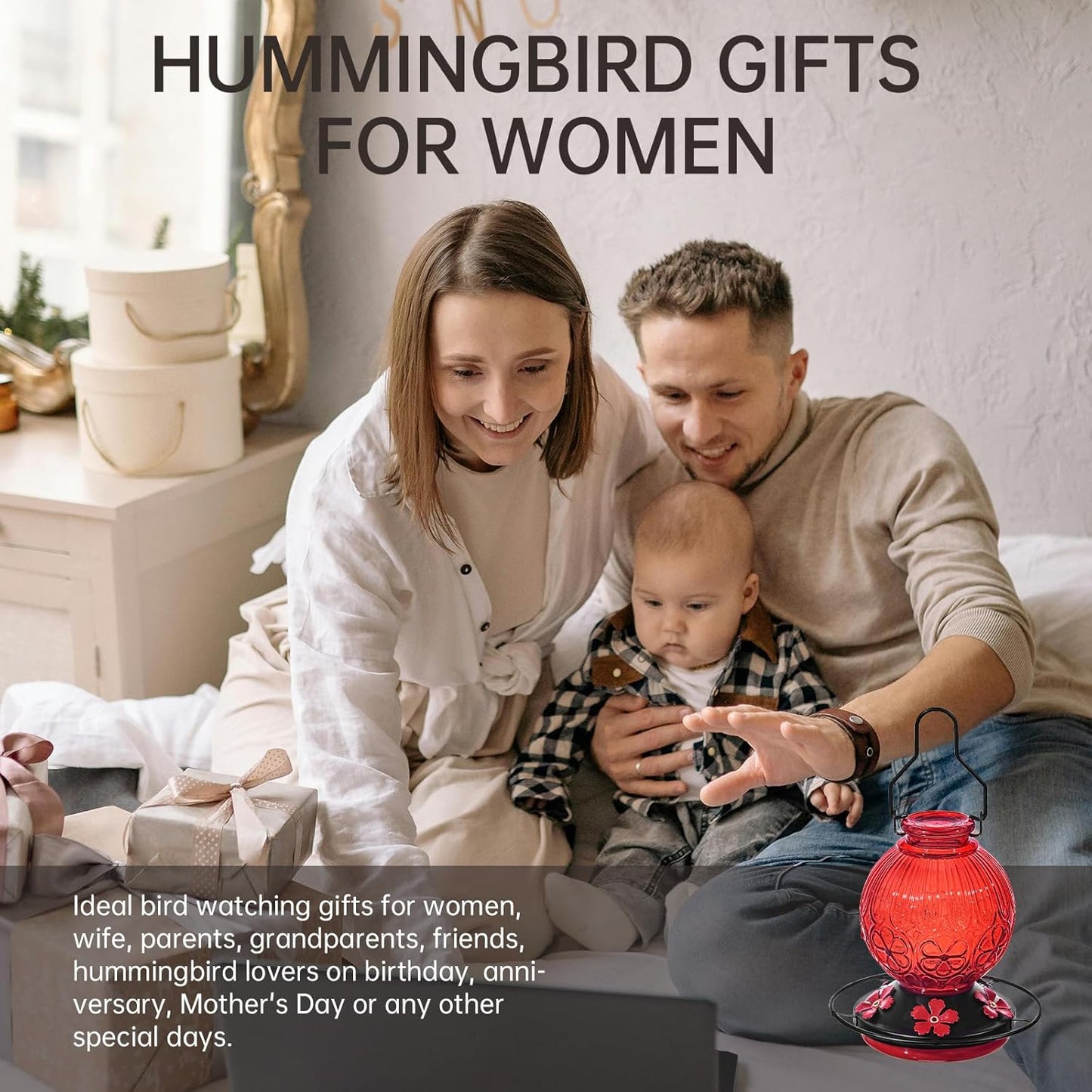 Glass Hummingbird Feeders for Outdoors Hanging, 23Oz Humming Bird Nectar Feeders with Perch, 5 Flower Feeding Ports, Leak Proof Base and Hook for Garden Decor, Gifts for Mom Women (Red)