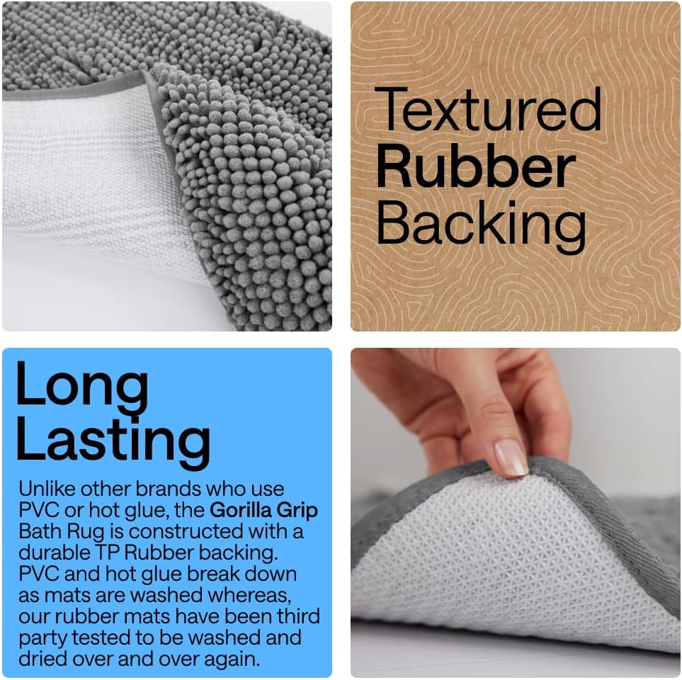 GORILLA GRIP Bath Rug Mat, Thick Soft Absorbent Chenille, Quick Dry Microfiber Mats, Rubber Backing Washable Shower Floor Rugs, US Designed Bathroom Bathmat Home Decor Accessories, 24x17, Grey