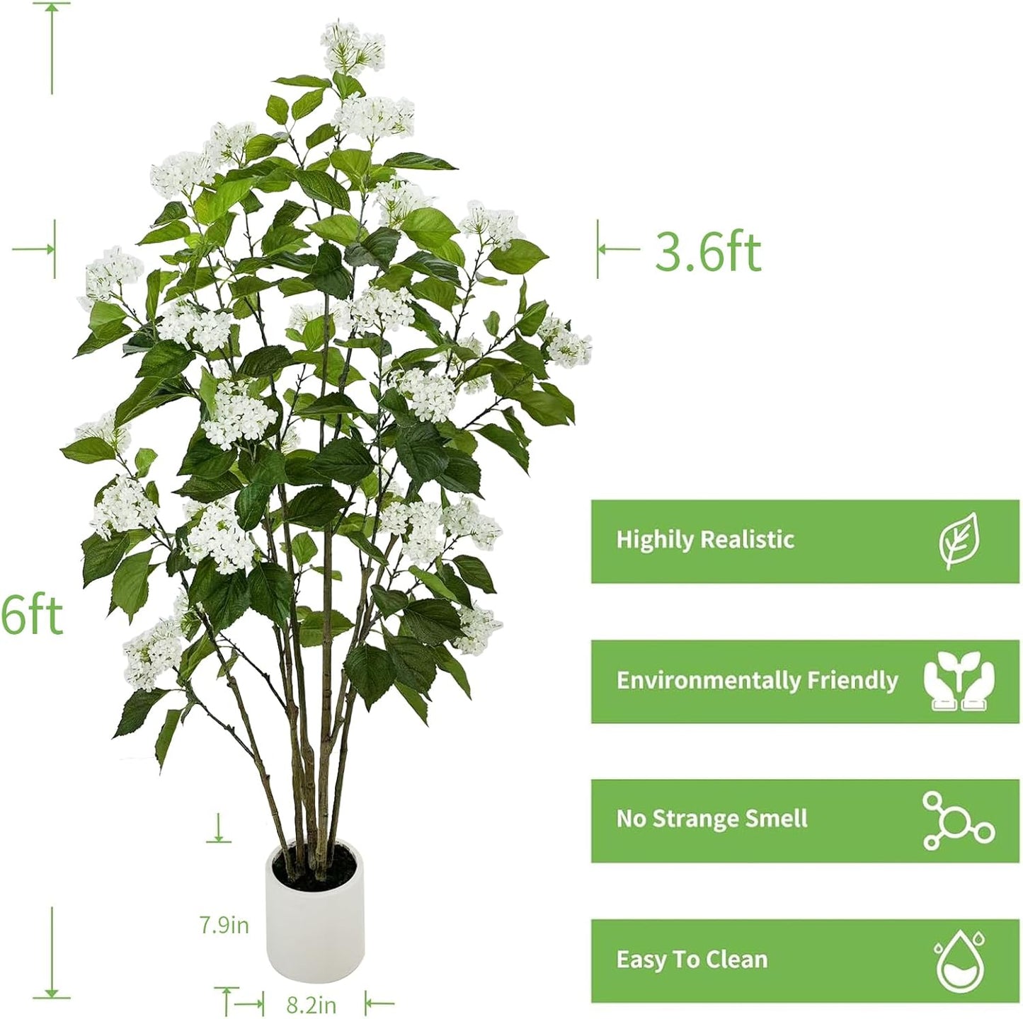 6FT Artificial Hydrangea Tree with 29 Blooms, Potted Fake Plant for Home Office Decor, Realistic Leaves & Bendable Branches, White Planter (6 FT)