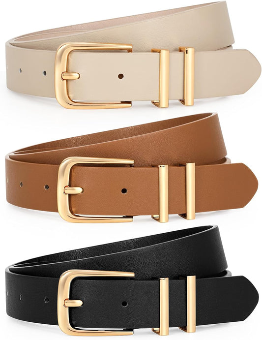 LEACOOLKEY 3 Pack Women's Leather Belts for Jeans Dress Pants Fashion 