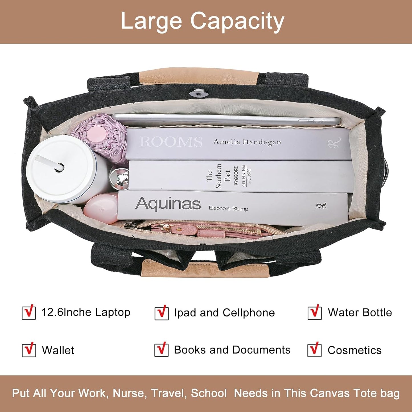Canvas Tote Bag for Women Crossbody Work Purse with Pockets Top Handle