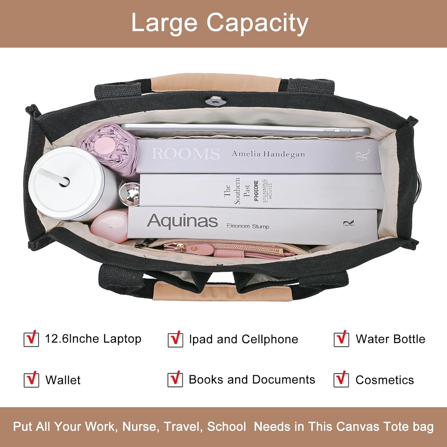 Canvas Tote Bag for Women Crossbody Work Purse with Pockets Top Handle