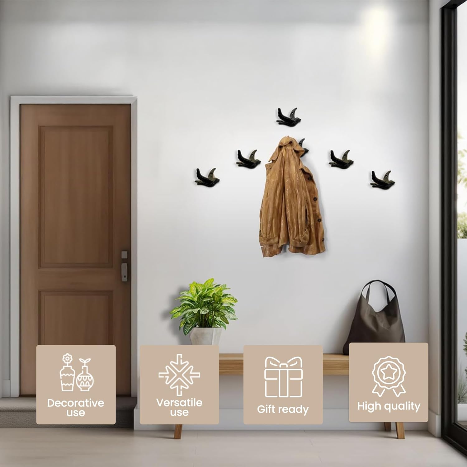 Cast Iron Flying Bird Wall Hooks (Set of 6) – Heavy-Duty Rustic Hooks 