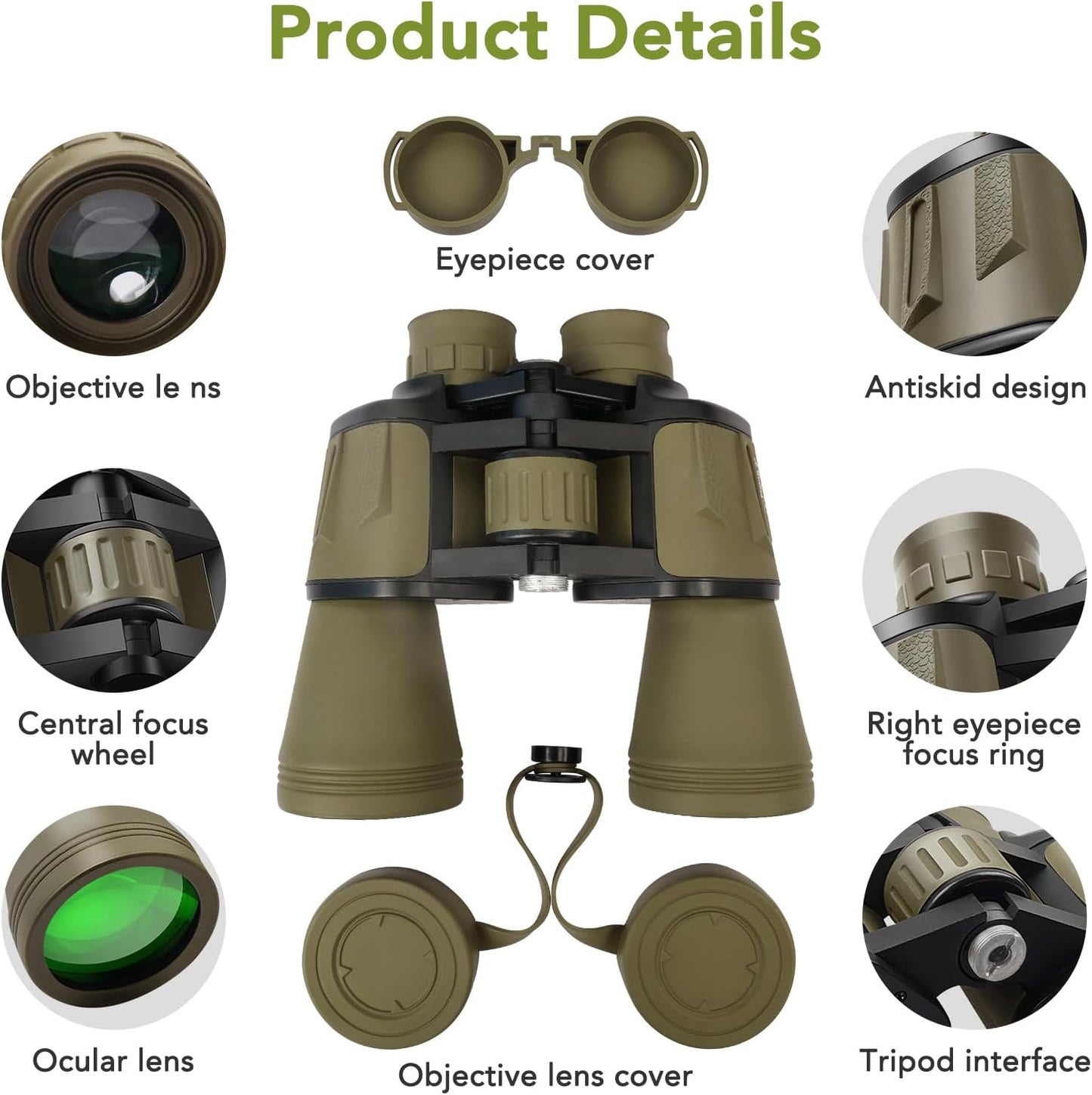 20x50 Binoculars for Adults High Powered, Military Compact HD Waterproof Binoculars with Low Light Vision for Bird Watching Travel Hunting Football Games Stargazing with Carrying Case and Strap(Mud)
