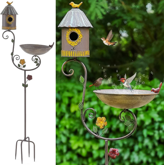 56" Tall Bird Baths for Outdoors, Metal Bird Bath and Birdhouse with Pole, Garden Bird Houses with Feeder on Stake, Standing Birdbath and Bird House for Outside, Outdoor Birdbaths with 4-Prong Base