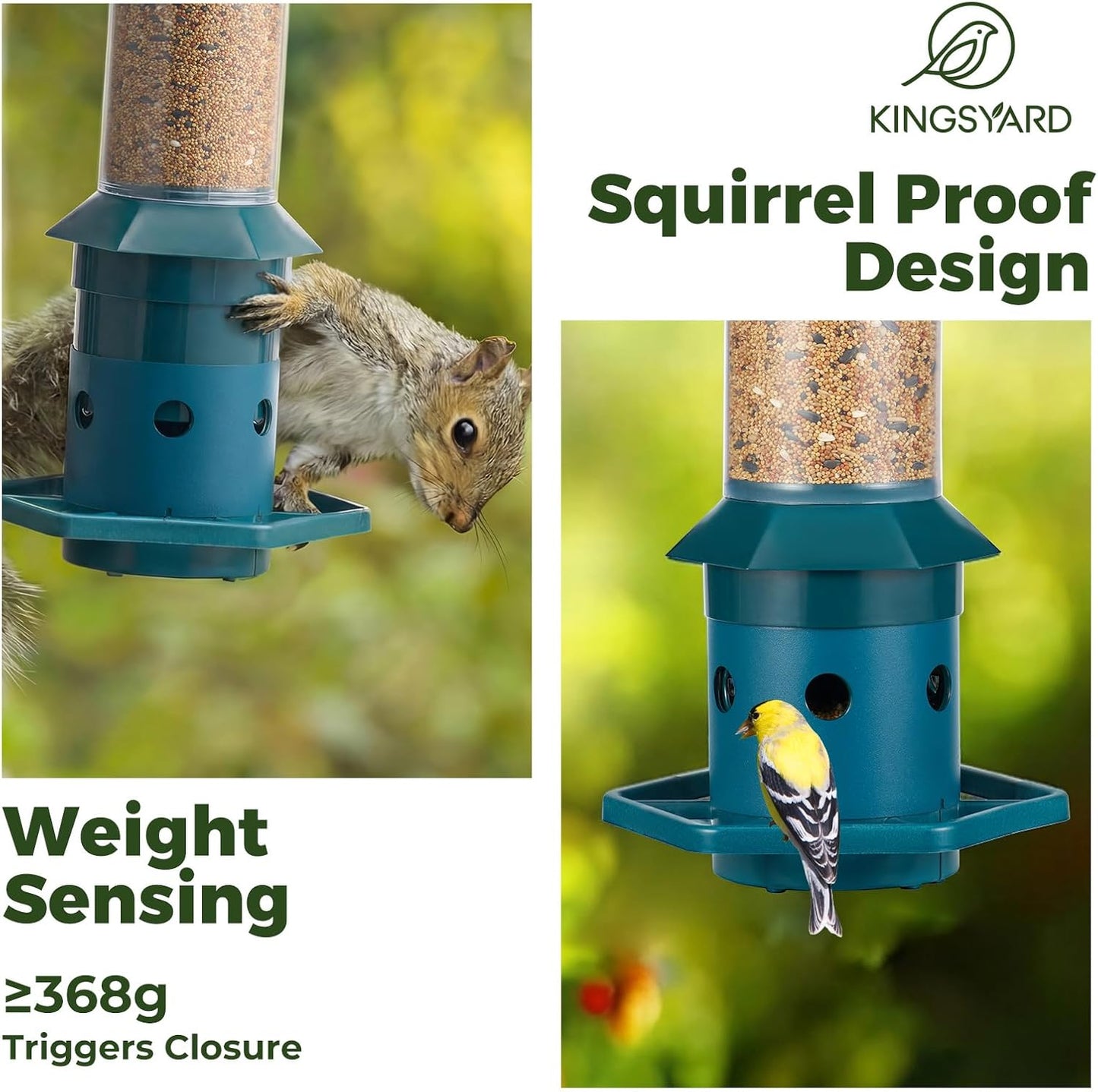 Kingsyard Squirrel-Proof Bird Feeder with Adjustable Weight-Activated Perch, Wild Bird Feeders for Outdoors Hanging, Weatherproof & 4 lb Large Seed Capacity, Dark Green