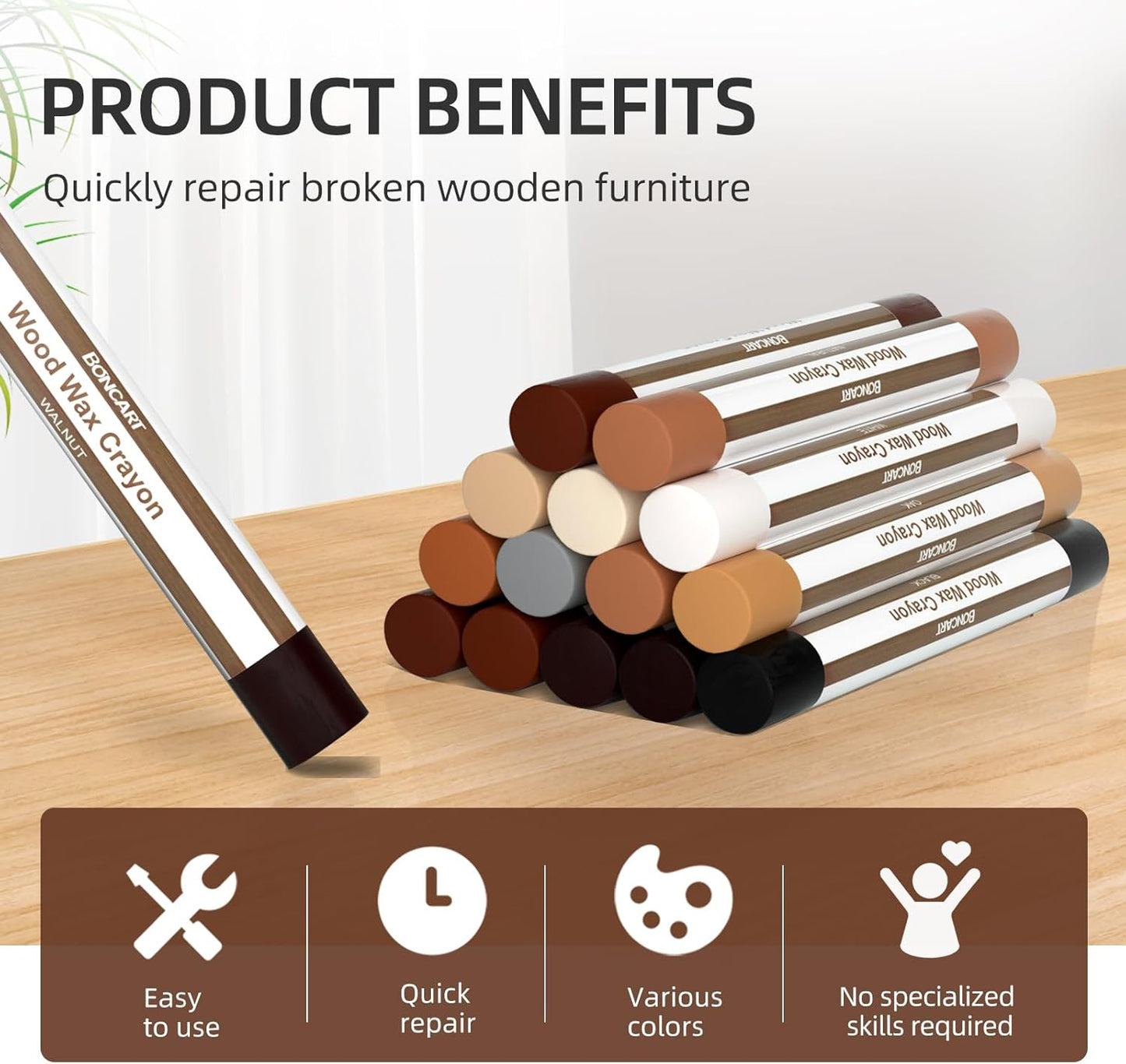 Wood Filler Sticks,12colors Wood Wax Crayons for Repairing Scratches, Scuffs, Cracks, and Nail Holes on Wood Furniture, Floors, Cabinets, Tables, and Doors