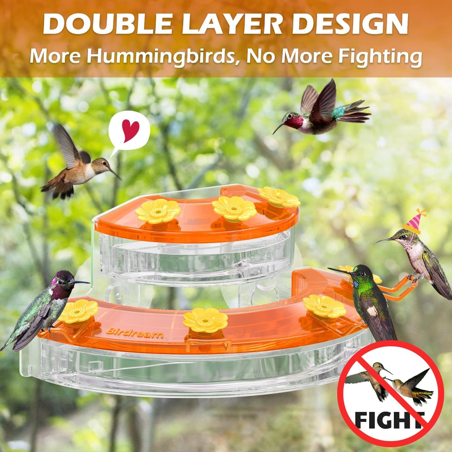 Birdream Window Hummingbird Feeders for Outdoors, with Strong Suction Cups & 7 Feeding Ports, Easy to Use and Maintain, Gift for Bird Lover, Plastic Bird Feeder, 2 Pack, 10oz Per Pack - Orange