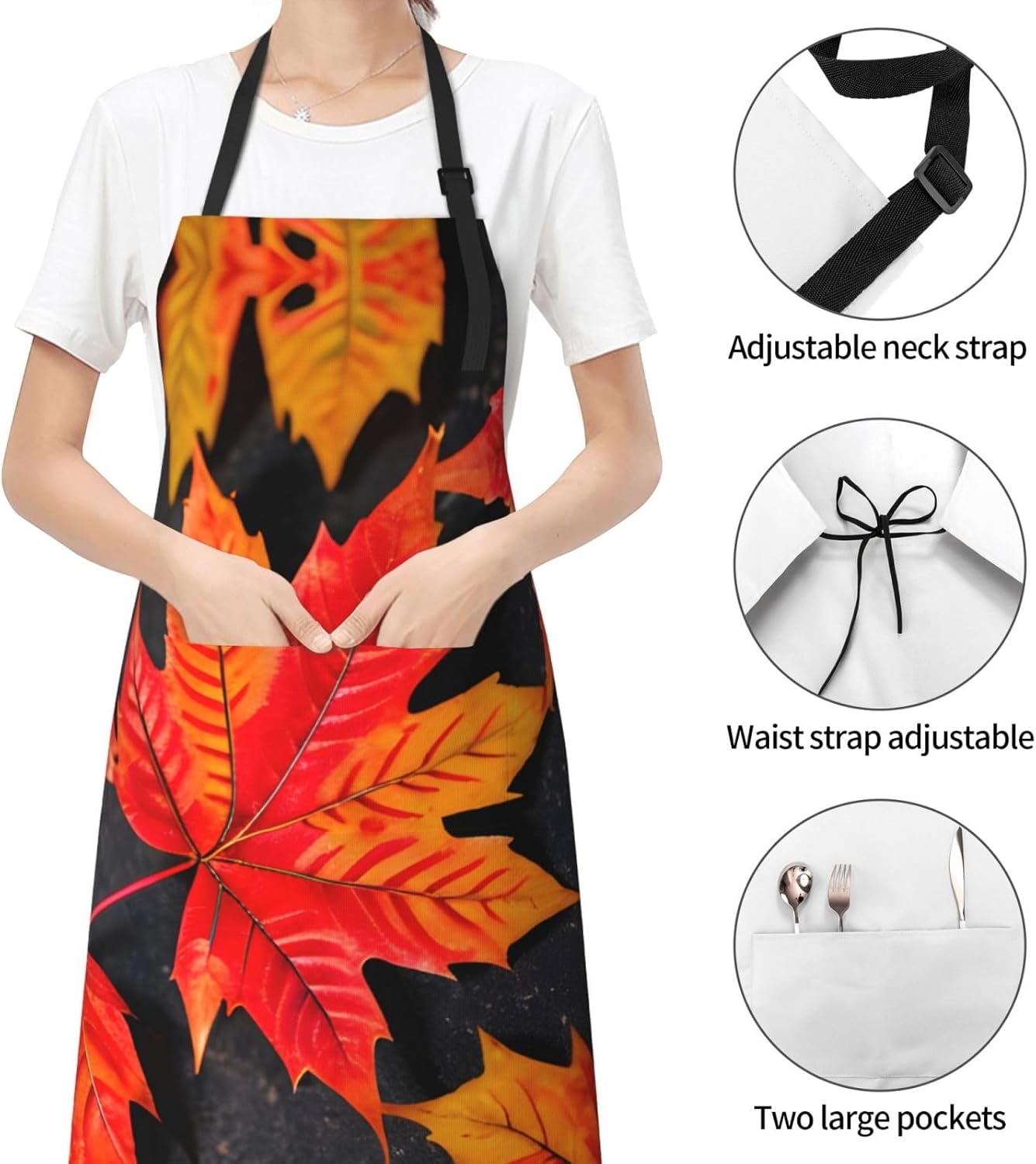 Fall Red Leaves Print Laundry apron 28x33 In Waterproof Kitchen Apron with Pockets for Cooking Baking