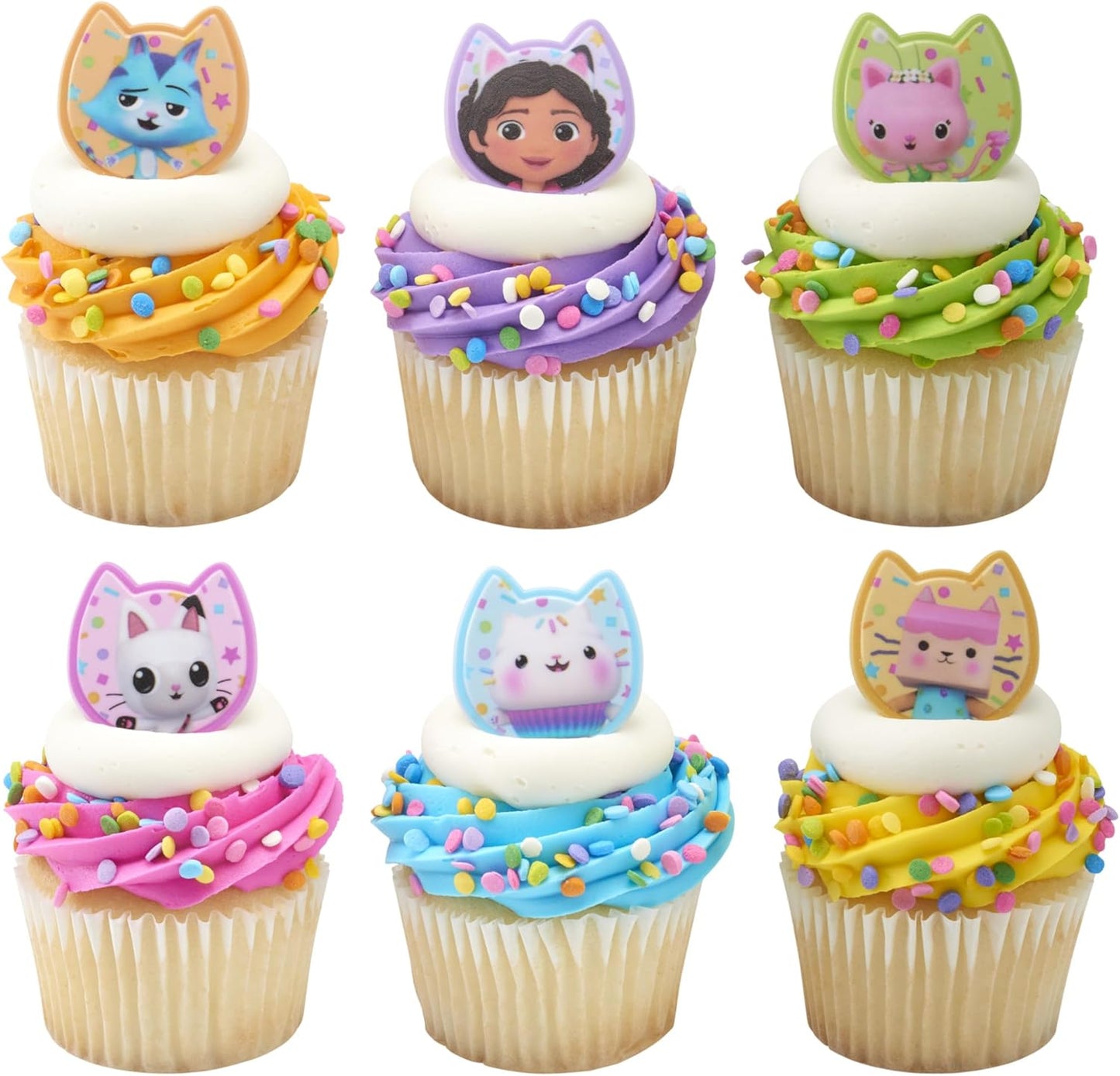 DecoPac DreamWorks Gabby's Dollhouse Rings, 24 Cupcake Decorations Featuring Gabby, Pandy Paws, Irresistible Kitty Characters, and Super Fun Adventures! - 24 Pack