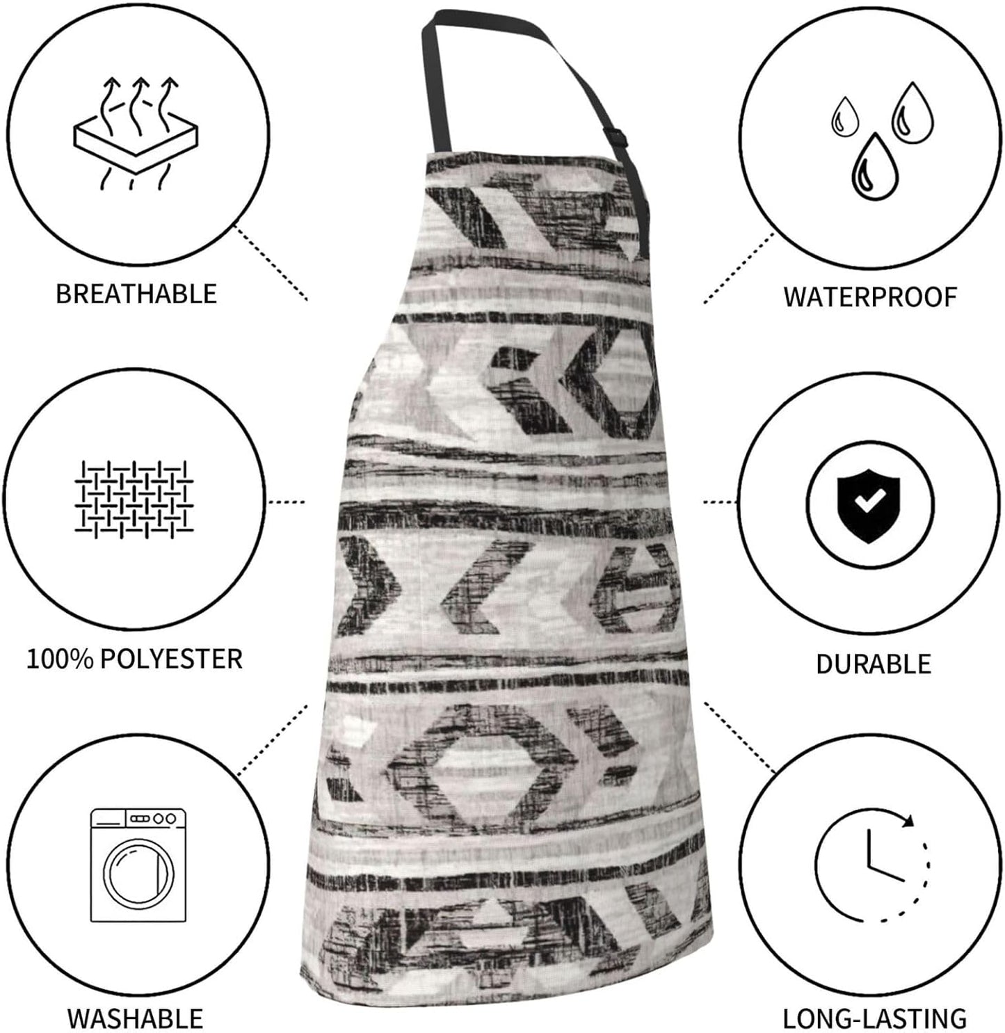 Grey Tribal Print Laundry apron 28x33 In Waterproof Kitchen Apron with Pockets for Cooking Baking