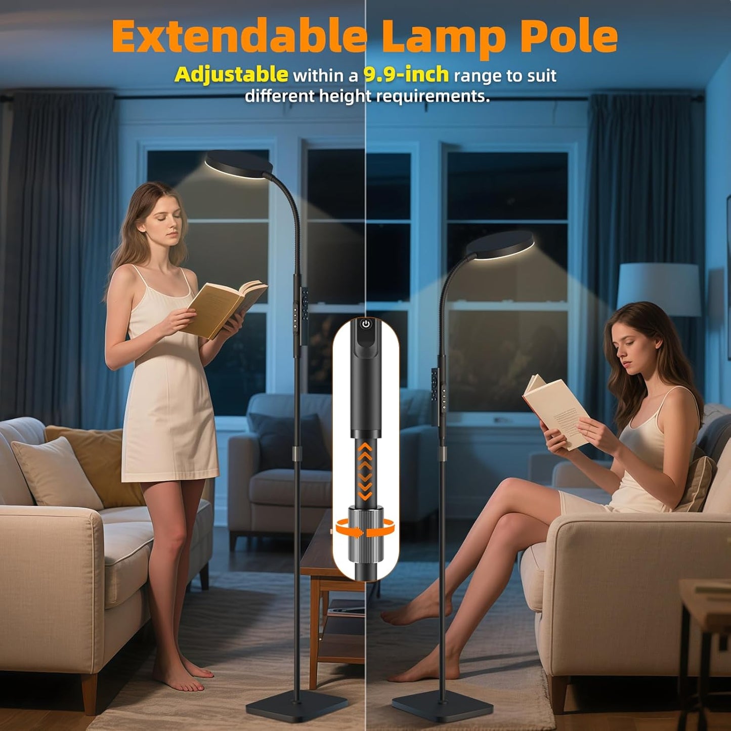 Floor Lamp, Adjustable Height Floor Lamps for Living Room Bedroom, 120 LED Super Bright Standing Lamp Remote & Touch Control Dimmable Gooseneck Tall Stand Reading Lamp for Office Craft, Black