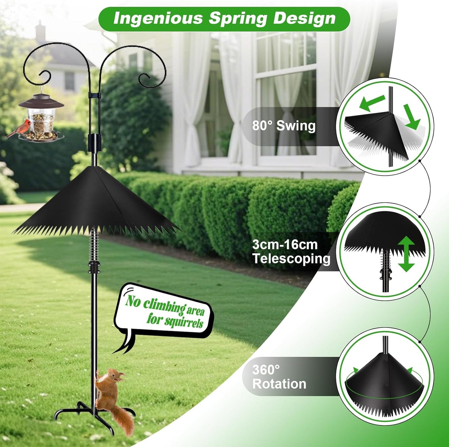 2 Pack Squirrel Baffle for Bird Feeder Pole, 19 inch Squirrel Cone for Bird Feeder Pole, Outdoor Squirrel Guard with Stainless Steel Spring for Shepherd's Hook, Black