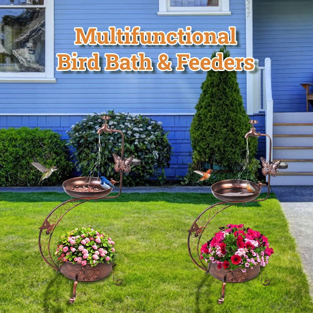 DREAMYSOUL Solar Bird Baths for Outdoors, Metal Birdbath with Flower Planter Pedestal, Antique Copper Bird Bath with Solar String Light for Garden, Yard, Patio Decor 36" Height