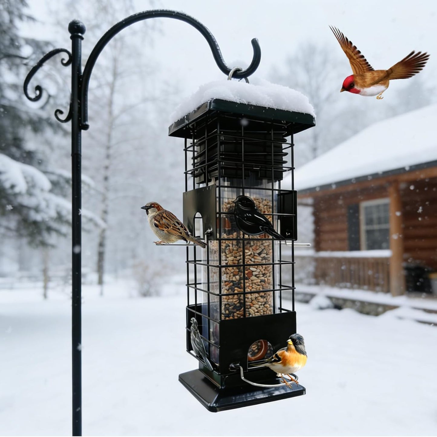 Squirrel Proof Bird Feeders for Outdoors Hanging, Metal Wild Bird Feeder with 4 Feeding Ports | 2.5 LB Capacity, Weather-Resistant for Year-Round Use,Dark Grey