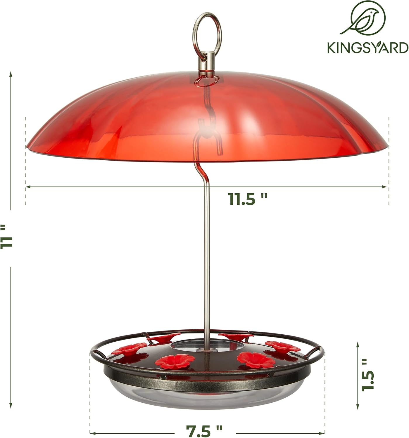 Kingsyard 12 oz Hummingbird Feeder with Rain Guard Dome, Leak-Proof Saucer Nectar Feeder for Outdoors Hanging, Built-in Ant Moat & 6 Bee-Proof Ports, Easy to Refill & Clean, Black