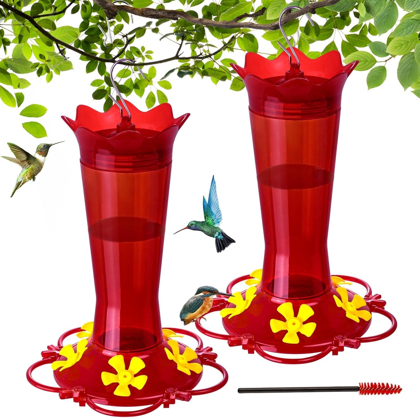 2Pcs Hummingbird Feeders for Outdoors - 5-Flower-Shaped Feeding Ports 13.50 oz Red Hanging Plastic Humming Bird Feeder with Built-in Ant Moat, Perches for Outside Garden Yard Decorative