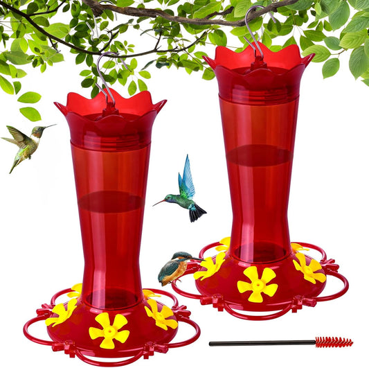 2Pcs Hummingbird Feeders for Outdoors - 5-Flower-Shaped Feeding Ports 13.50 oz Red Hanging Plastic Humming Bird Feeder with Built-in Ant Moat, Perches for Outside Garden Yard Decorative