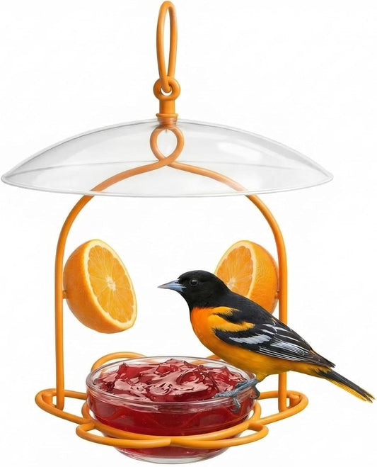 1 Set Oriole Bird Feeder for Outdoors, Metal Hanging Baltimore Oriole Feeder with Glass Cup for Grape Jelly, Orange Slices & Mealworms, Rain Shelter Design, Easy to Install, Clean for Bird Lovers