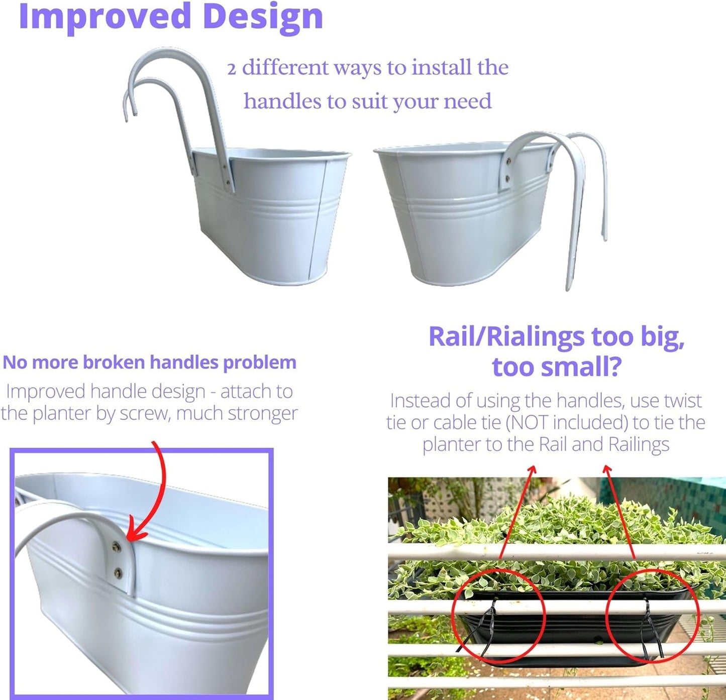 LaLaGreen Rail Planters for Outdoor (8 Pack, 11.2 Inch) White Metal Iron Hanging Flower Pots, Strawberry Planter Deck Railing Fence Bucket Modern Stylish Wall Mount Window Box Plant Holder Porch Decor
