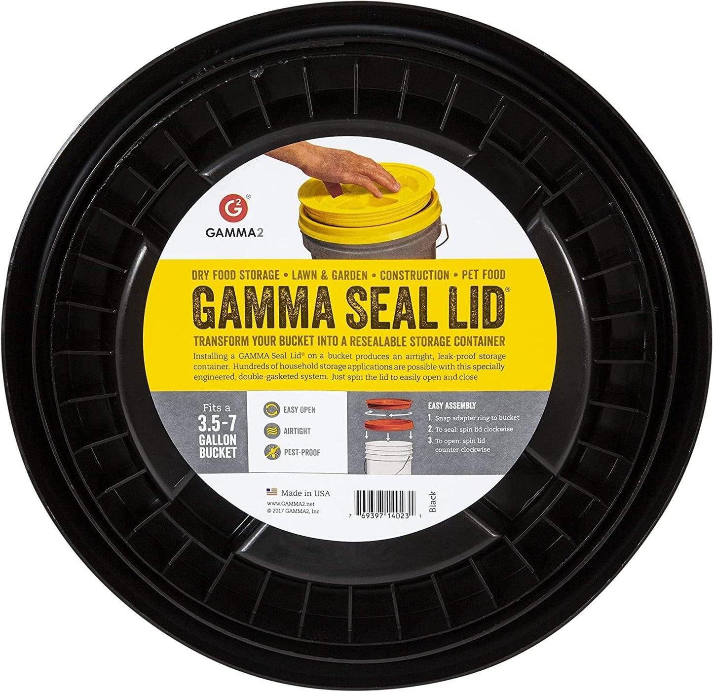 GAMMA2 Gamma Seal Lid - Pet Food Storage Container Lids - Fits 3.5, 5, 6, & 7 Gallon Buckets, Black, Made in USA