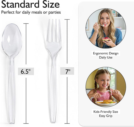[200 Count] Disposable Plastic Silverware, Heavy Duty Forks and Spoons Set, Durable Plastic Utensils Cutlery Set for for Parties, Picnics, Big Event, Daily Use - Bpa free