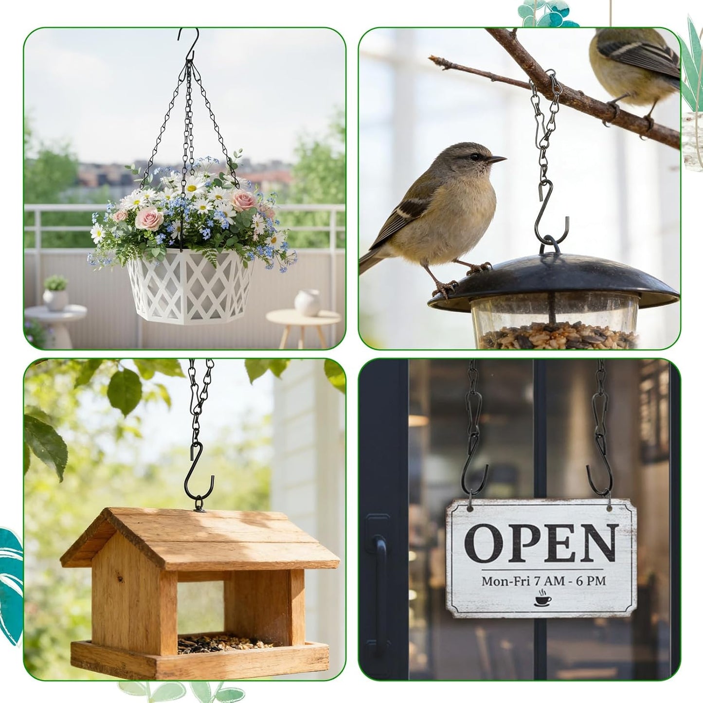 4 Pcs Hanging Chains with Hooks, 10 Inch Small Chain for Hanging Plants, Black Adjustable Plant Chains with Hooks for Baskets, Bird Feeder, Birdbaths, Planters