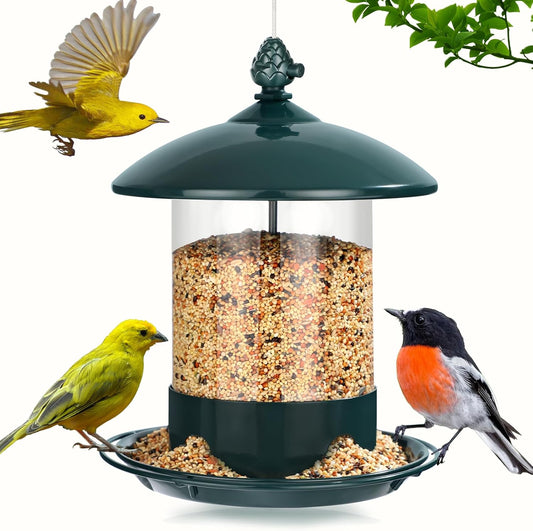 Metal Bird Feeders for Outdoors Hanging, Weather Resistant Wild Bird Feeder with 360 Degree Feeding Tray, Green