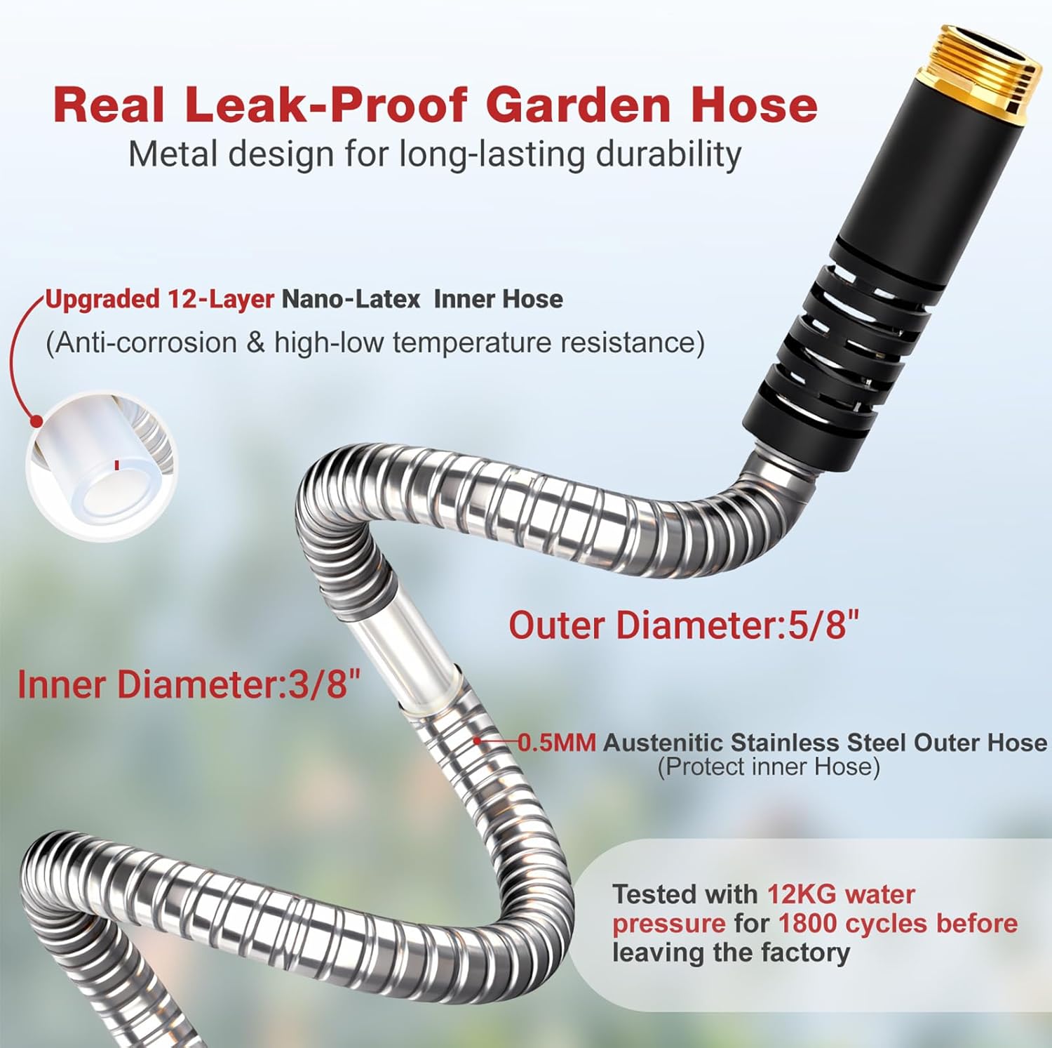 Lefree 100ft Metal Garden Hose - Heavy Duty 304 Stainless Steel Flexib