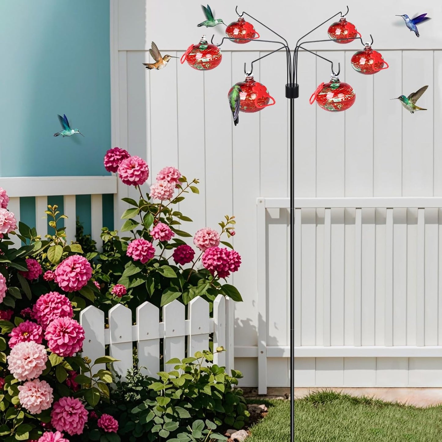 Wind Chimes Hummingbird Feeders for Outdoors Hanging(6 Feeding Stations) Hand Blow Glass Hummingbird Feeder with Shepherd Hook,Never Leak,Garden Decor for Outside(Phoenix Tail Red)