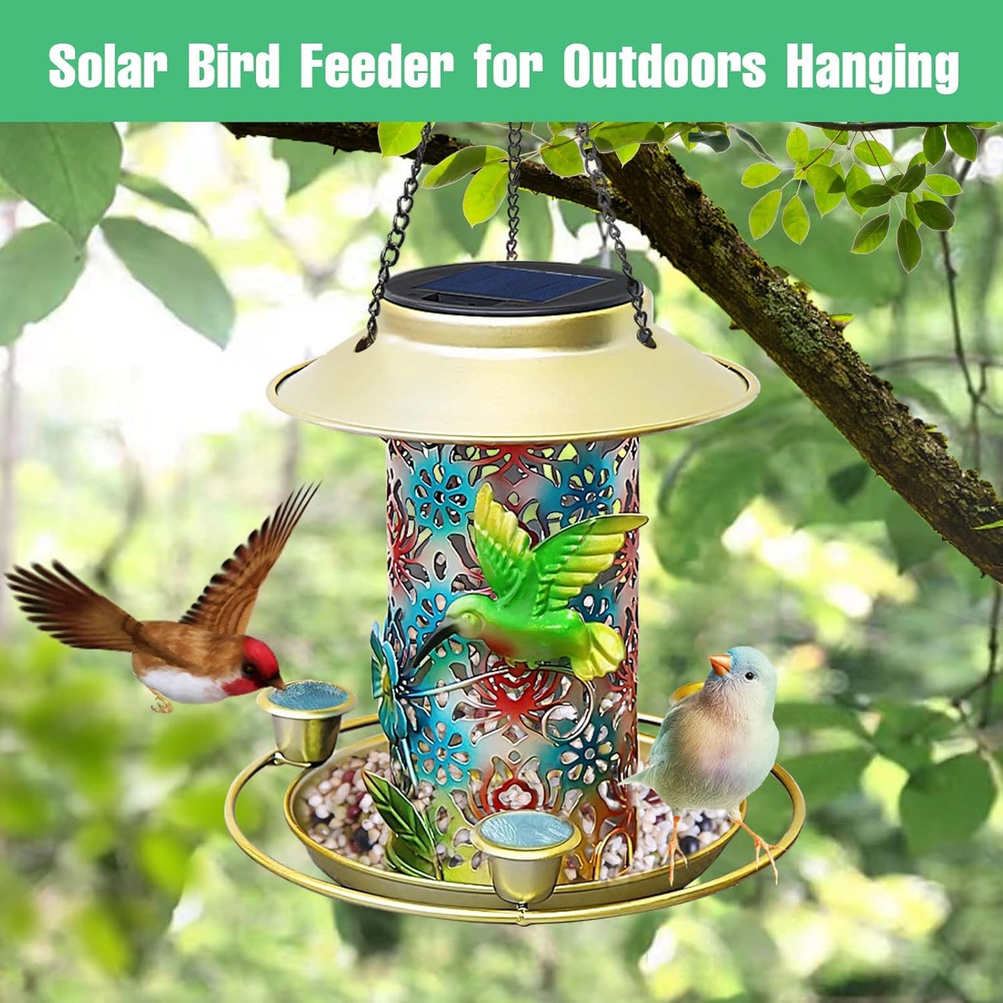 Solar Bird Feeder for Outdoors Hanging, Metal Waterproof Hummingbird Feeders Outside Wild Bird Feeders with 3 Water Feeder Cups and LED Light, Gift for Birds Lovers, Garden Lantern Decoration