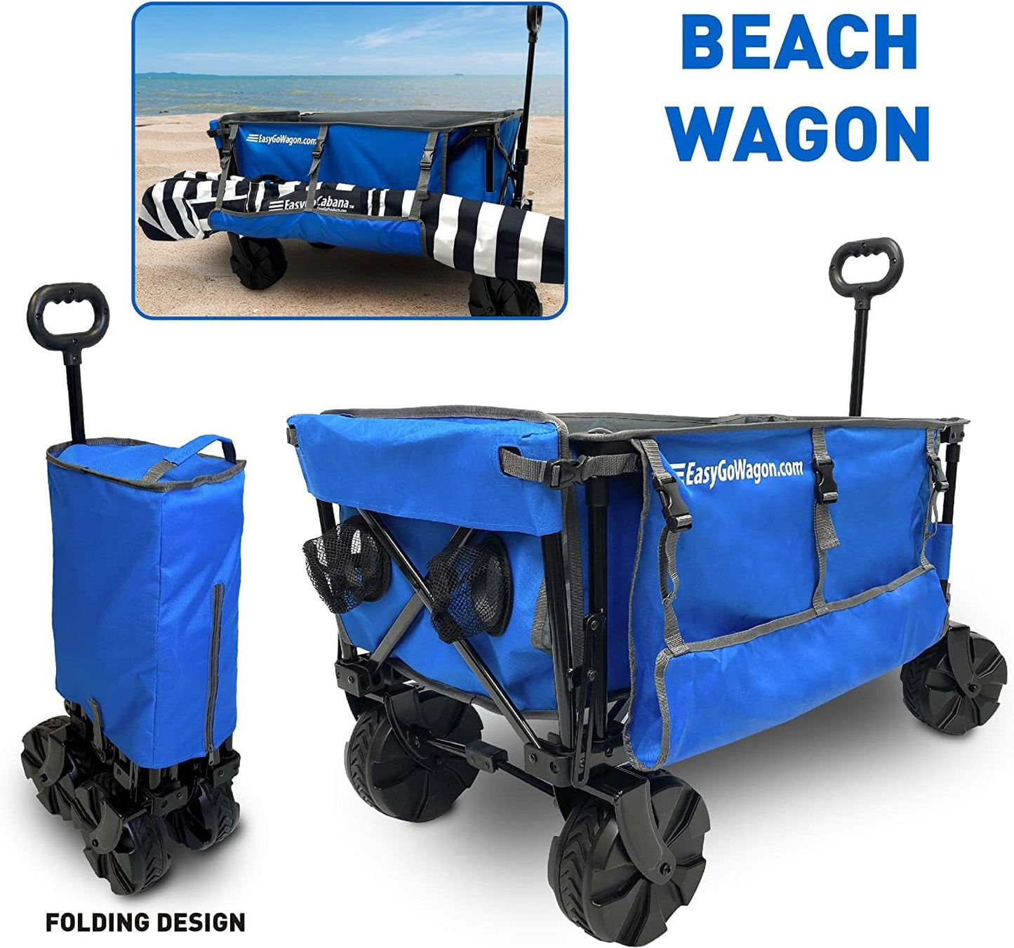 Deluxe Folding Beach Wagon Big Wheel Beach Cart w/ Folding Beach Table and Side Umbrella Holders