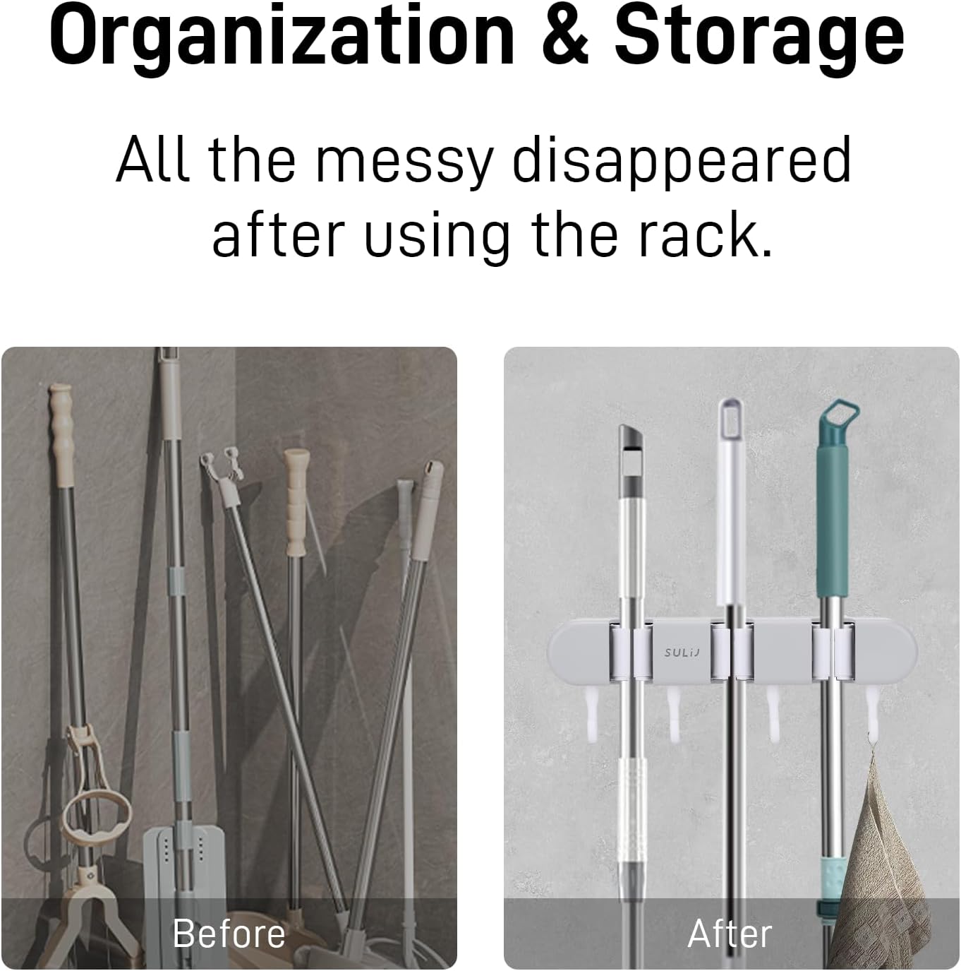 Broom Holder with 3 Slots & 4 Hooks Heavy Duty Garden Tool Organizer Broom Hanger Wall Mount for Home Laundry Room Kitchen Closet Shed Garage Organization and Storage - Grey