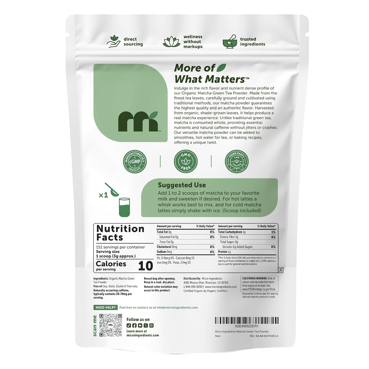 Micro Ingredients Organic Matcha Green Tea Powder, First Harvest, Culinary Grade from Japan, 100% Pure & Unflavored, Great for Tea, Latte, & Smoothies, Non-GMO, No Sugar, Eco-Friendly Packaging, 1 Lb