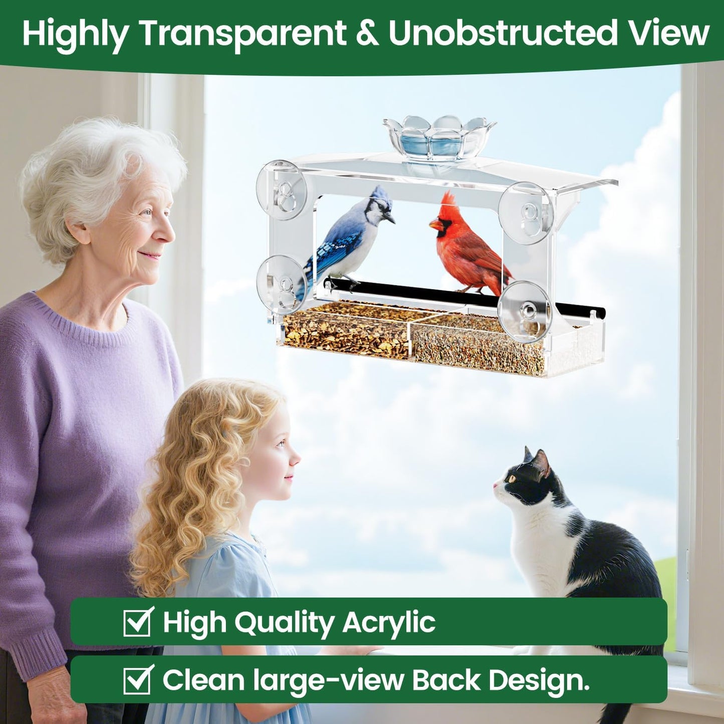 Clear Acrylic Window Bird Feeder with Strong Suction Cups, Detachable Tray – Easy to Clean, Birds Viewing for Cats, Outdoor Wild Bird Watching Gift, Outside Garden Decor
