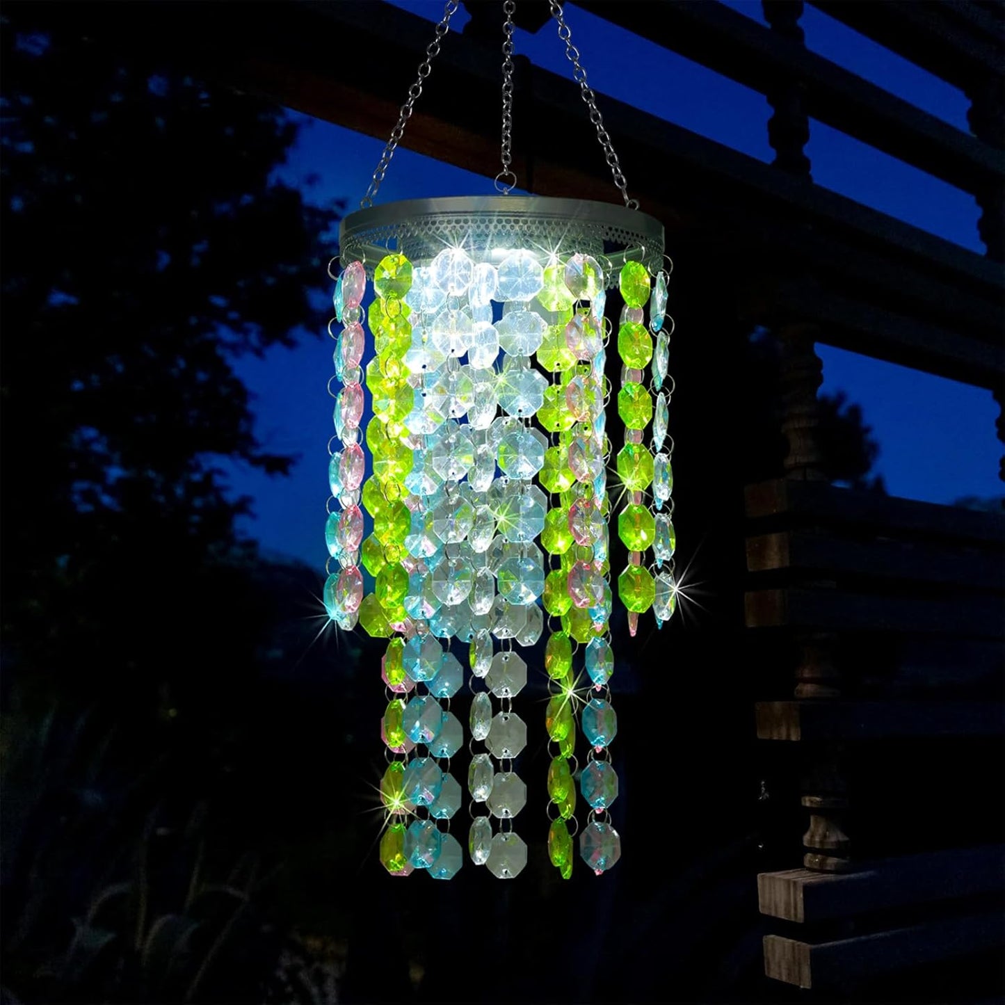 Hanging Solar Lantern Outdoor, 2 Tiers 21” Solar Multicolor Acrylic Beaded Chandelier with Cool White LED S Hooks for Garden Yard Patio Gazebo Outside Decor