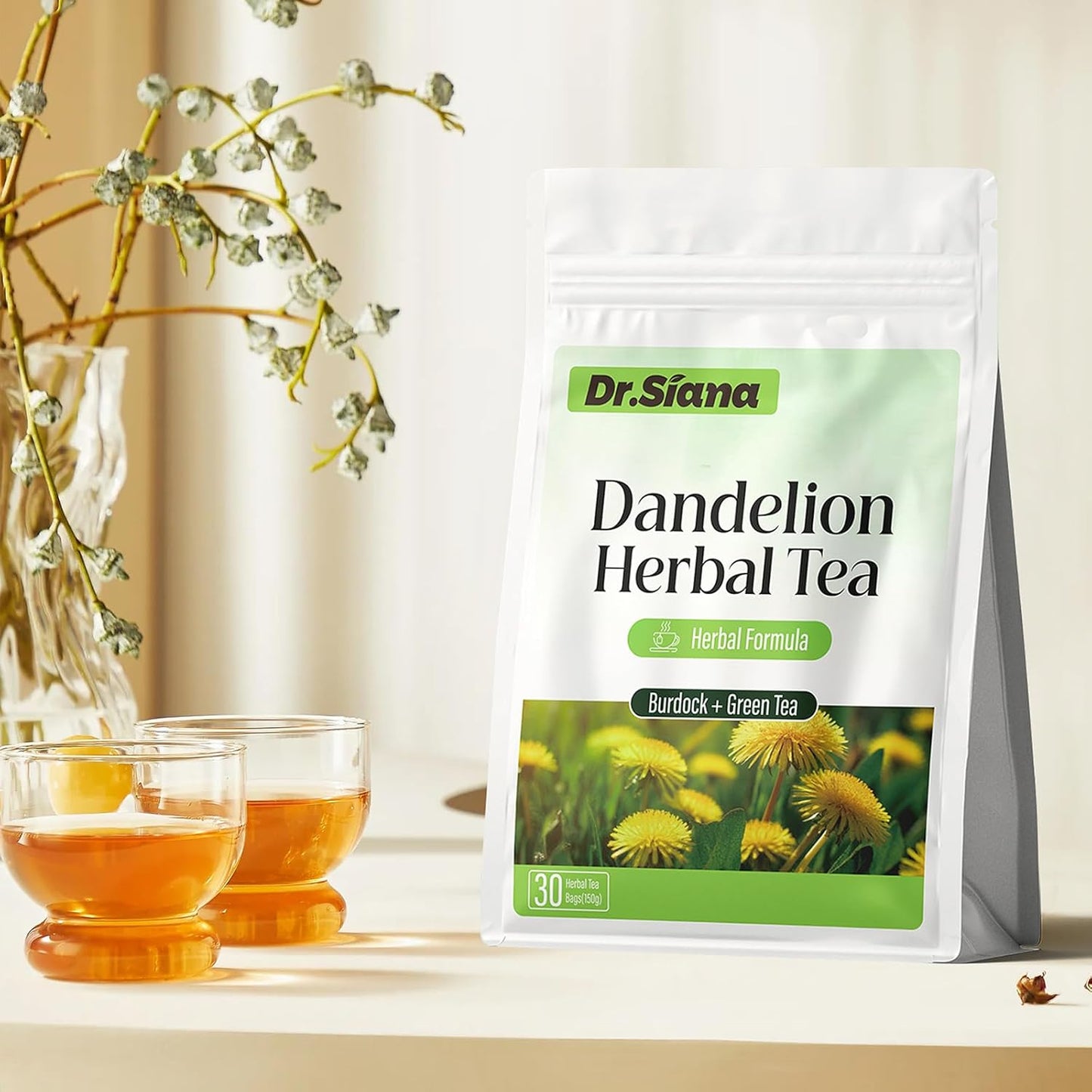 Dr. Siana Dandelion Root Tea Bags，Burdock Root Tea & Green Tea，5g x 30 Teabags - Premium Natural Herbal Tea, Support Digestive Function